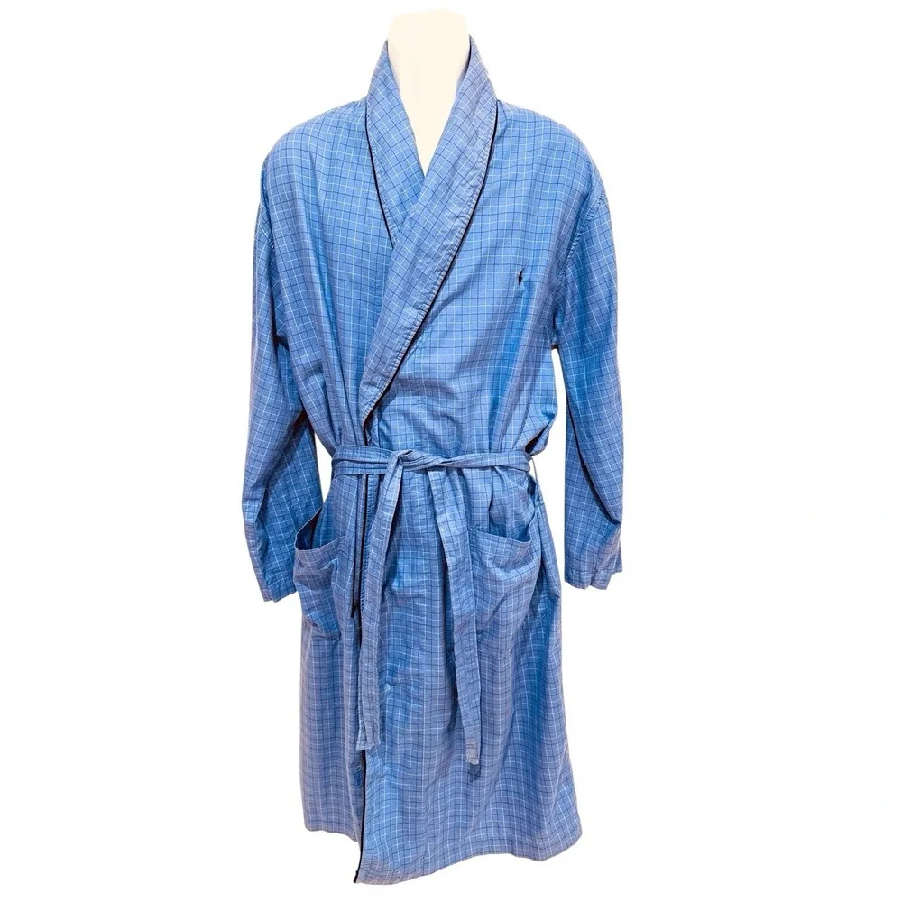 Vintage Polo Ralph Lauren Men Robe S M Blue Check‎ Piping Shawl Tie Cotton